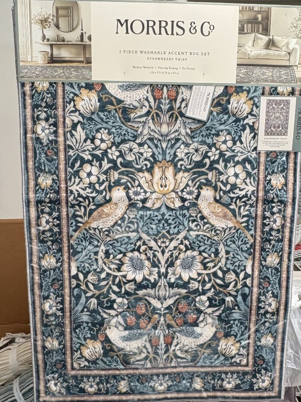 Morris & Co. Strawberry Thief Blue Rugs Set 2 Washable 2 x 5 feet & 24 x 36"